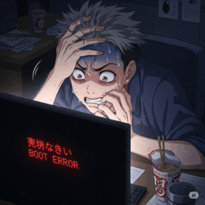 OSが起動しなくて焦っている人物の挿絵