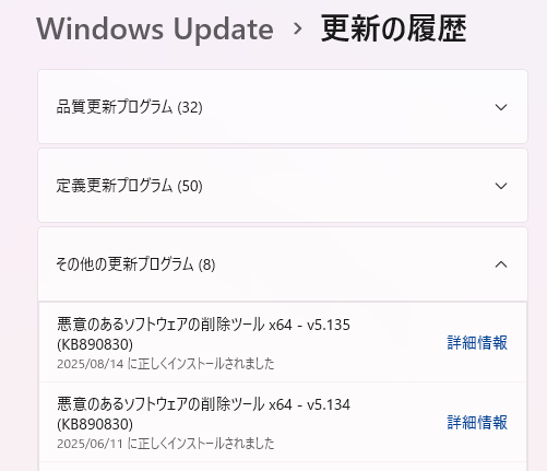 その他の更新プログラムの履歴