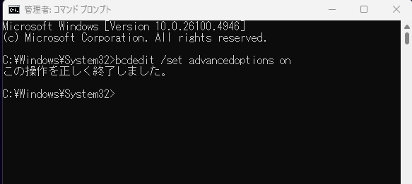 「　bcdedit /set advancedoptions on　」を実行