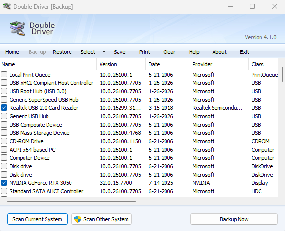 ドライバー一覧選択画面