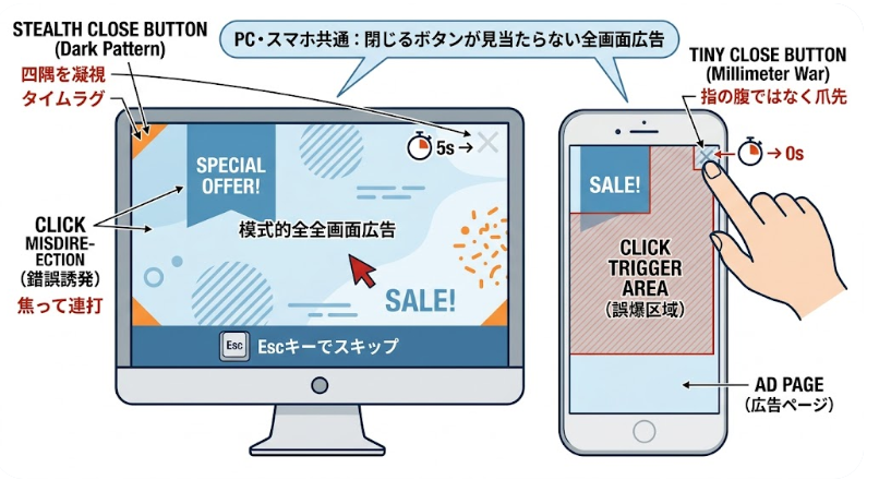 閉じにくい全画面広告の模式図とダークパターンの解説
