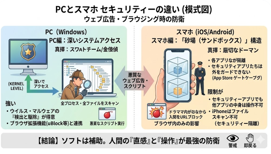 PCとスマホのセキュリティ構造の違いを直感的に理解できるインフォグラフィック