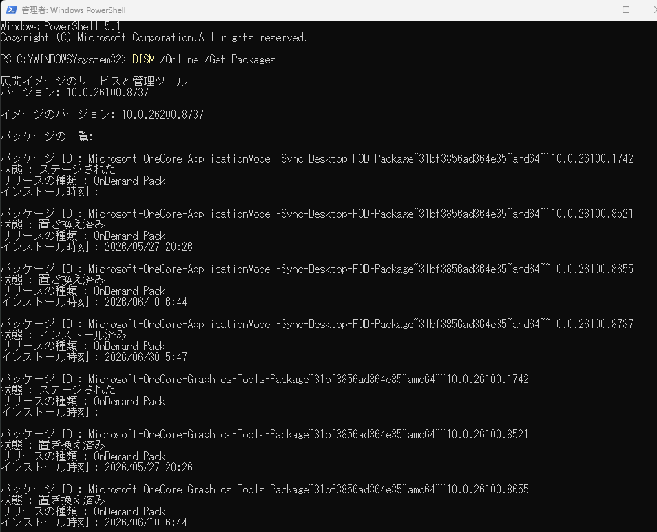 実行コマンド： DISM /Online /Get-Packages1